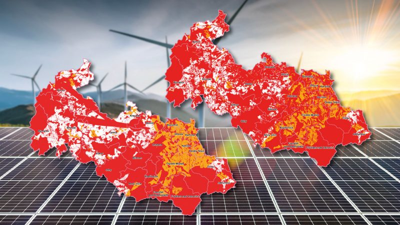 Vhodné a nevhodné lokality na území Moravskoslezského kraje pro umístění větrných (vlevo) a fotovoltaických (vpravo) elektráren. Studie z roku 2023 – červeně zcela nevhodné, žlutě spíše nevhodné